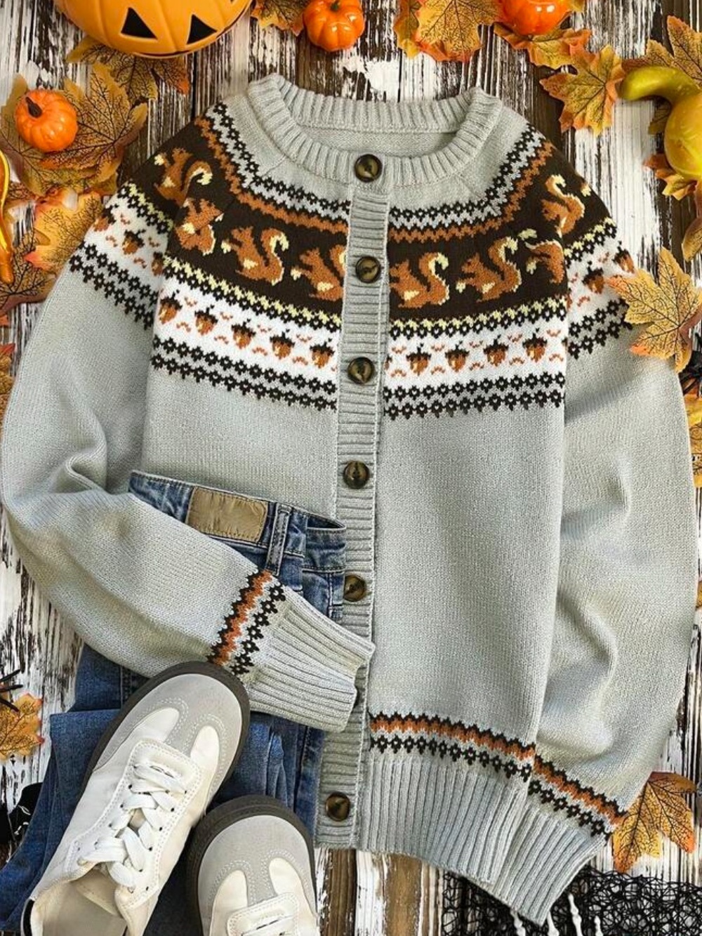Soft Autumn 🍂 Gray Nordic Squirrel Cardigan Sweater